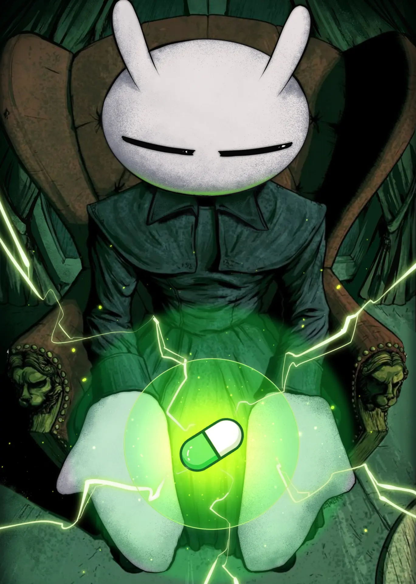 A white-headed figure on a throne holding a glowing green pill