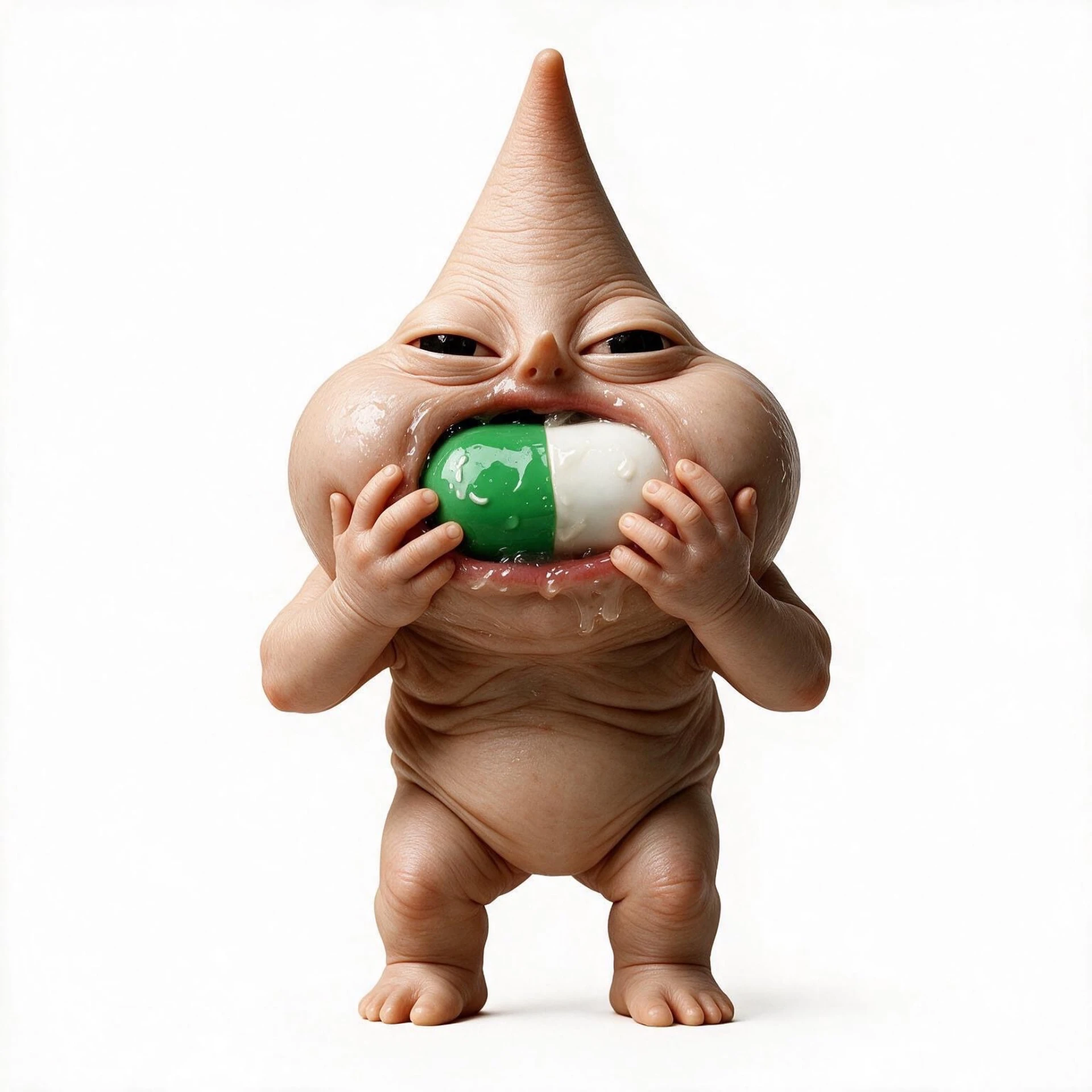 A strange small creature swallowing a large green and white pill
