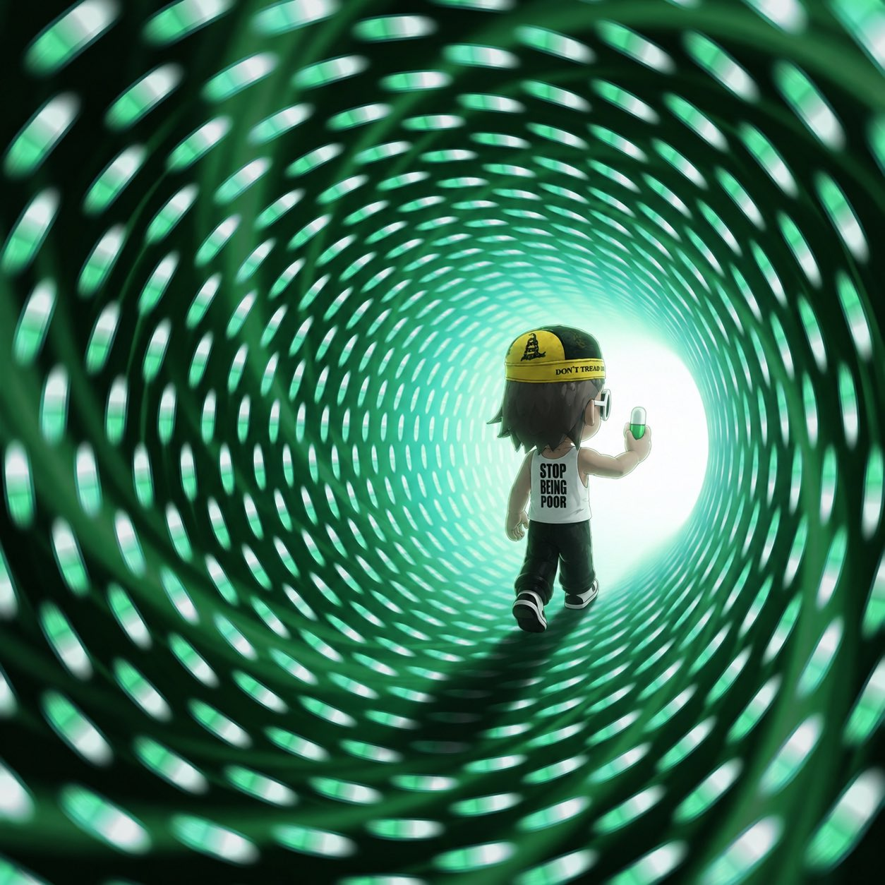 A trader walking through a green pill tunnel toward the light, holding a pill